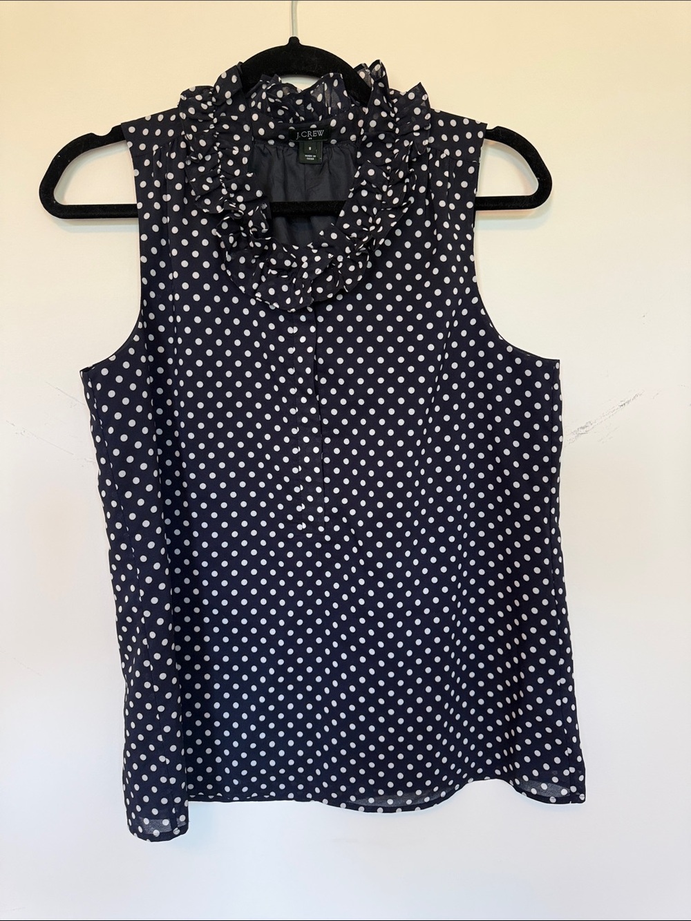 J. Crew Navy and White Polka Dot Ruffle Collar Sleeveless Camisole - size 8